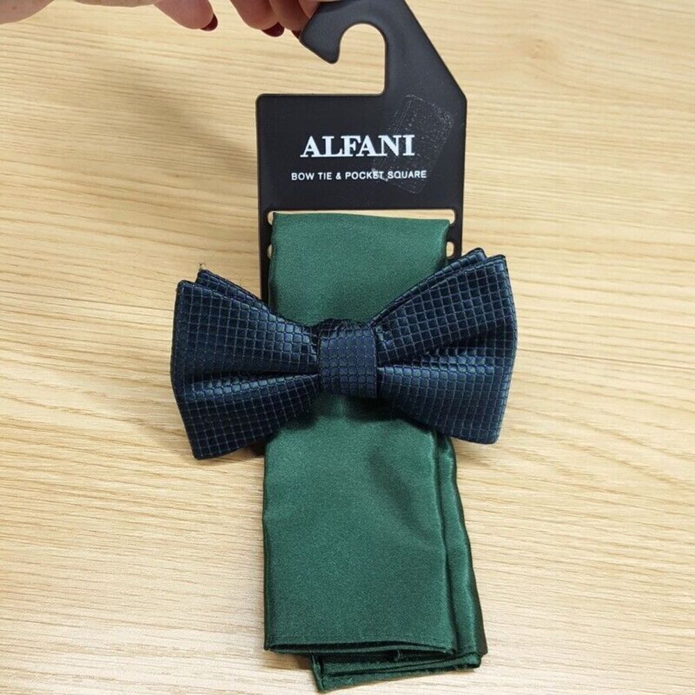 ALFANI Mens Bow Tie & Pocket Square Solid Green Teal Textured Satin Adjustable